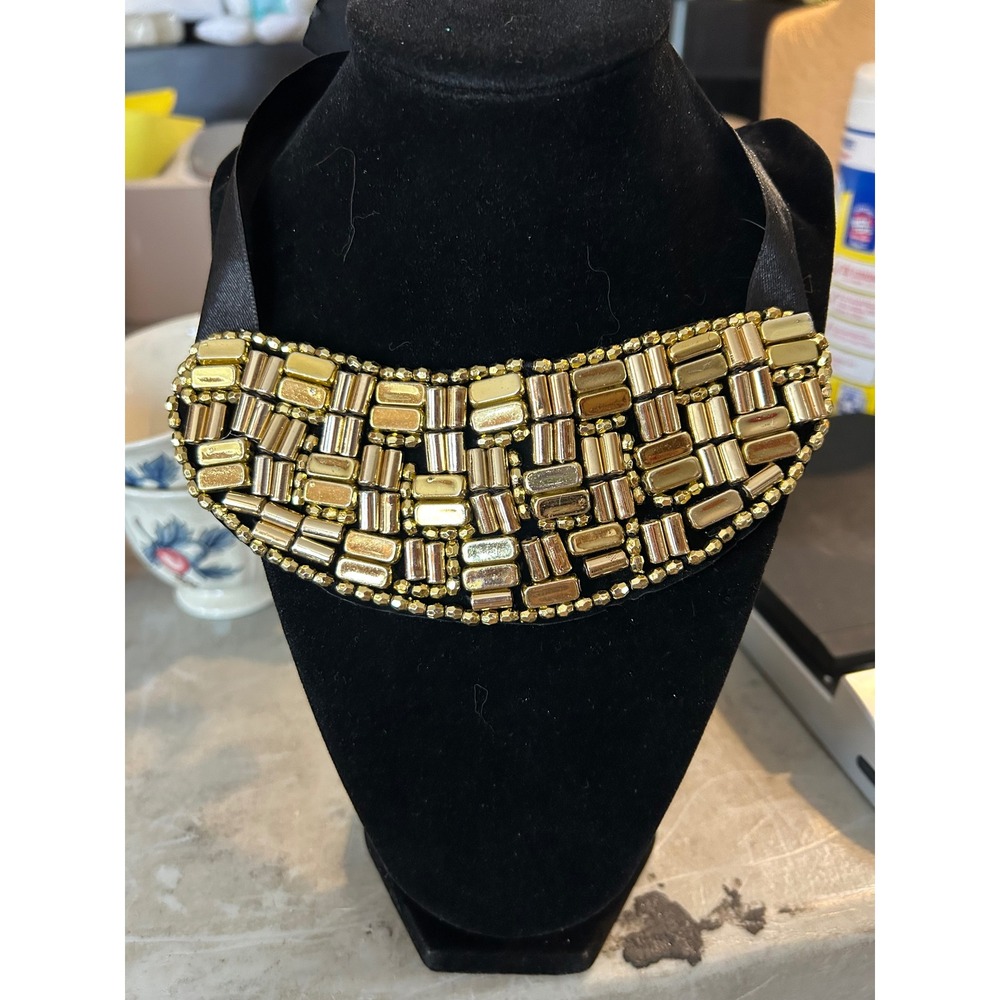 Gold Beaded Bib Statement Necklace Black Satin Ribbon Tie Adjustable‎ Collar